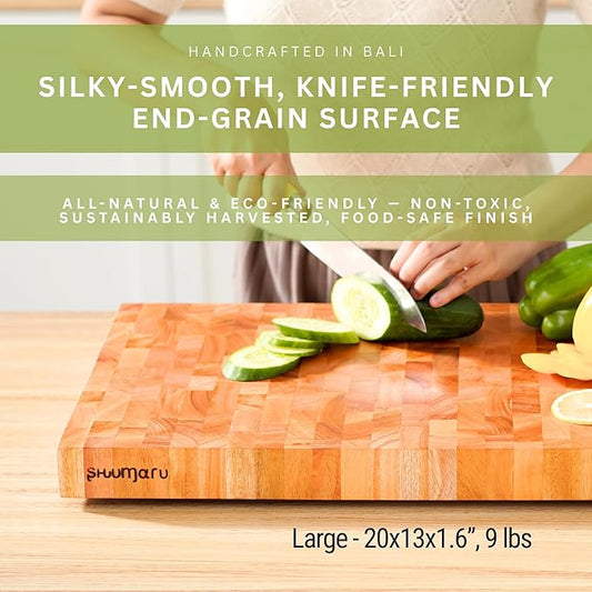 SHUMARU Mahogany End-Grain Wood Cutting Board – 20×13×1.6″ Butcher Block | Handmade in Bali – Silky-Smooth, Knife‑Friendly, Ergonomic Grips & Non‑Slip Feet