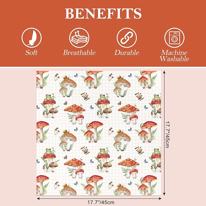 Mushroom Napkins, 18×18 Inch Leaves Dinner Cloth Napkins Set of 4, Washable Cotton Soft Absorbent Square Napkins for Dining Kitchen Party Wedding Decoration