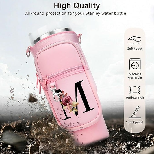 LOKASS Personalized Water Bottle Holder with Strap for Stanley Cup Accessories 40 oz Tumbler, Initial Water Bottle Carrier Bag/Phone Pocket, Mother's Day/Birthday Gifts for Women/Girls