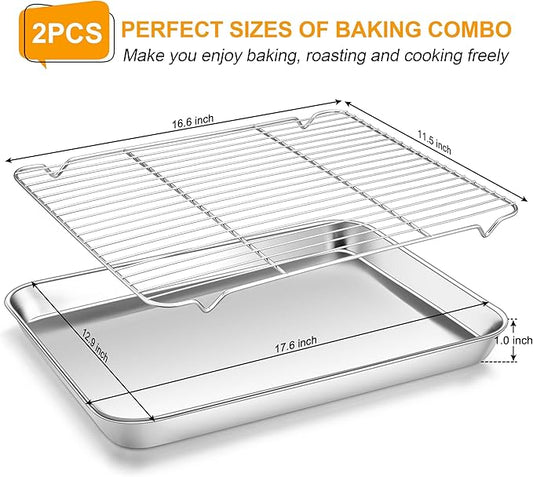 Homikit Baking Sheet Pan with Rack Set, 18" x 13" Nonstick Half Cookie Sheets for Baking Cooking Tray with Wire Cooling Rack, Stainless Steel Bakeware Bacon Pans for Oven Toaster, Dishwasher Safe