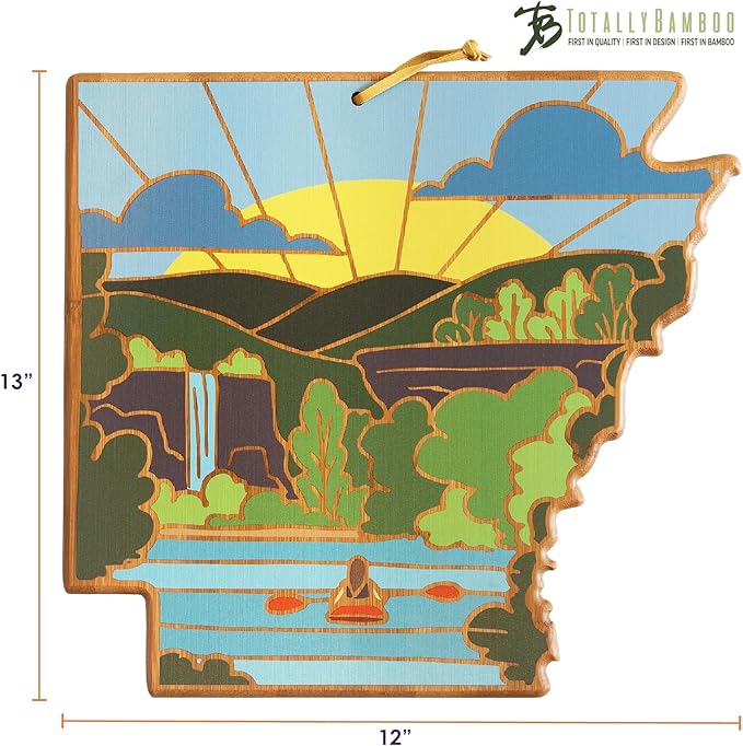 Totally Bamboo Arkansas State Shaped Cutting Board and Charcuterie Serving Platter with Artwork by Summer Stokes, Includes Hang Tie for Wall Display