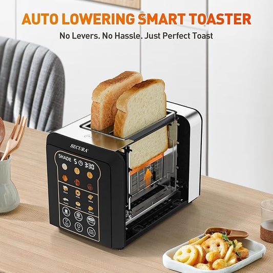 Secura 2 Slice Automatic Toaster Touch Screen Smart Toaster with Digital Timer 6 Bread Type & 6 Browning Levels, Reheat, Deforst, +10s Extended Customizable Memory Settings Great for Home, RV, Office