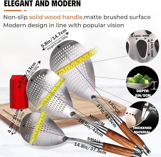 MARTE Skimmer Slotted Spoon Set of 3-304 Stainless Steel Spider Strainer Tools Ladle Spoon with Handle for Cooking and Frying - Kitchen Large Pasta Strainer Frying Colander - 14.8In,16.5In,17In