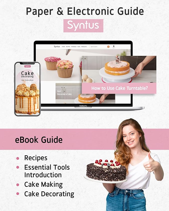 Syntus 65 PCs Cake Decorating Kit with Cake Stand Turntable, Cake Baking Supplies 30+1 Piping Bags, 24 Piping Tips, Offset & Straight Spatulas, 3 Scrapers, Leveler, 2 Couplers & 1 Tips Brush