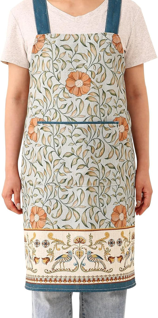 patdrea Blue Floral Linen Apron with Pocket,French Kitchen Garden Chef BBQ Aprons for Women and Men,Crisscross Back Straps