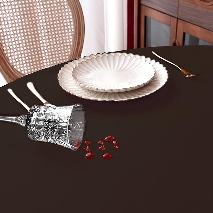 MEANMOY Brown 210 GSM Water & Stain Resistant Round Tablecloth for Circle Table - Solid 90 Inch Table Cloth Cover in Wrinkle Free Durable Washable Polyester Fabric for Wedding, Party, Banquet