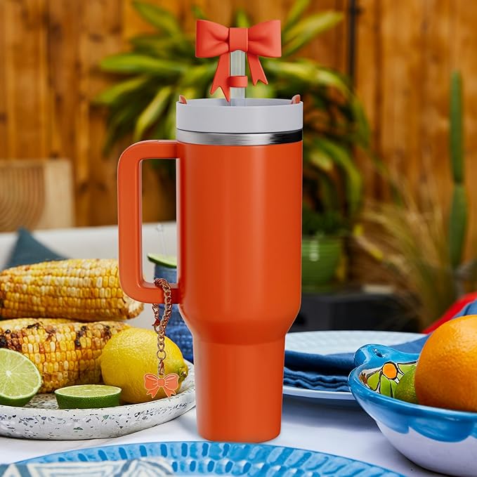 Compatible with Stanley Cup Accessories - 3Pcs 10mm Bow Straw Topper Compatible with Stanley Cup Straw Cover Cap, 2pcs Orange Bow Charms for Stanley 30&40 Oz Tumbler with Handle