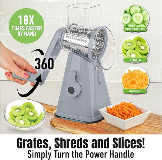 EMSON Rotary Cheese Grater Hand Crank, Stainless Steel Rotary Graters for Kitchen with 3 Blades, Vegetable Slicer, Cheese Shredder with Suction Cup Base, Dishwasher Safe - Gray