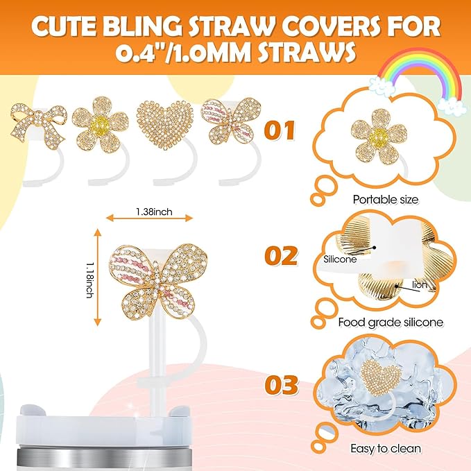 8Pcs Gold Gem Straw Topper, 10mm (0.39inch) Silicone Covers for Stanley Cup Flowers Bow Heart Love Silicone Straw Toppers Cap Compatible Shiny with Stanley 30&40 Oz Tumbler