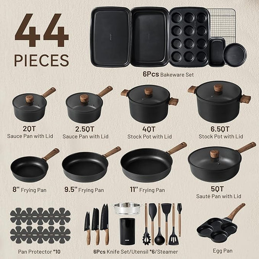 CAROTE 44pcs Nonstick Kitchen Cookware Sets, Nonstick Pots and Pans, Induction Cookware Set Kitchen Cooking Sets, Non Stick w/Frying Pan,Black
