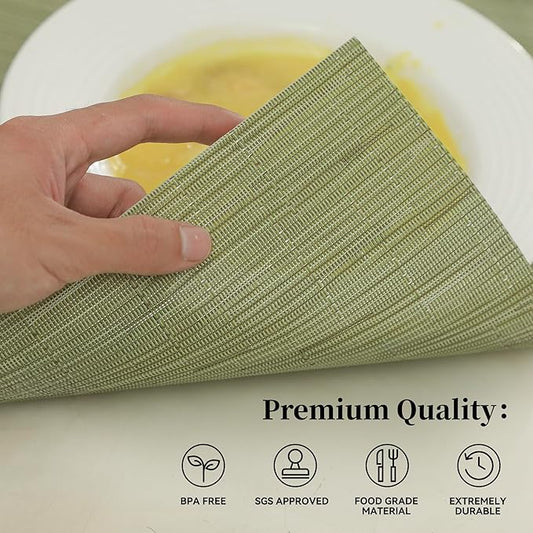 Leetaltree Pea Green Placemats Set of 8 - Heat Resistant Non-Slip Place mats for Dining Table, Washable Durable PVC Vinyl Woven Table Mats(Pea Green, 8)