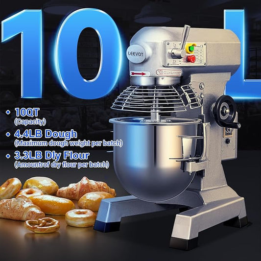 EKway Commercial Food Mixer 10Qt,500W Commercial mixer 3-Speed Adjustable with Timing Function, Industrial Dough Mixer with Stainless Steel Bowl for Bakery Pizzeria (Upgrade)