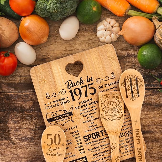 50th Birthday Gifts for Her Him - "Back in 1975" 50th Birthday Gifts for Women Cutting Board, Bamboo-Made Engraved "Year 1975 News" 50th Birthday Gifts
