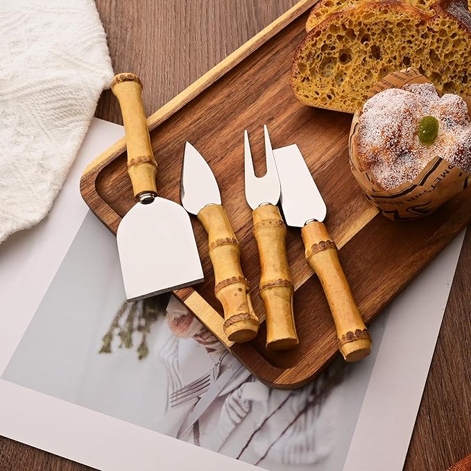 Bamboo Cheese Knife Set, 8-Piece Steel Stainless Cheese knife Set with Bamboo Handle, Mini Cheese Cutter, Cheese Fork, Cheese Slicer, Spreader, For Party, Travel and Kitchen
