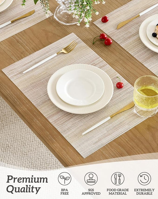 Leetaltree Lightsteel Beige with Yellow Placemats Set of 6 - Heat Resistant Non-Slip Place mats for Dining Table, Washable Durable PVC Vinyl Woven Table Mats (Lightsteel Beige with Yellow, 6)
