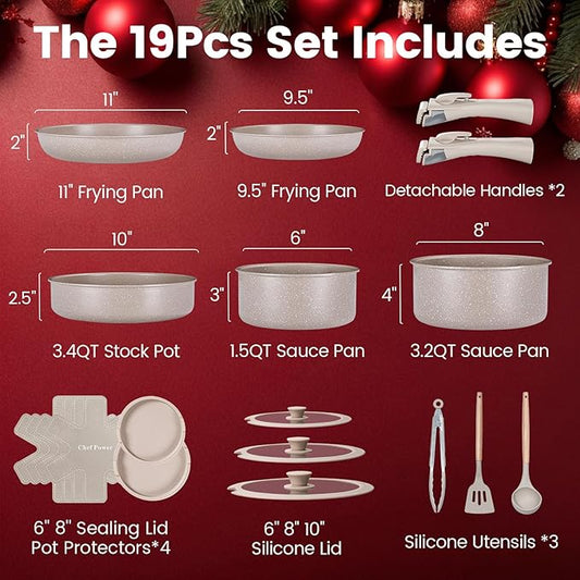 Chef Power Ceramic Nonstick Pots and Pans Set 19 Piece with Detachable Handle, Induction Dishwasher Oven Safe Cookware Set, RV Kitchen Set Removable Handle, Mocca Taupe