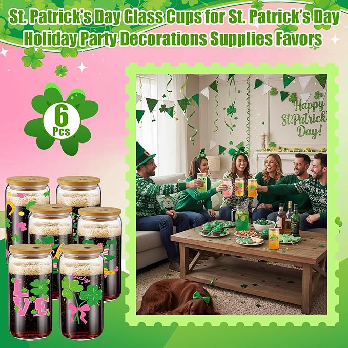 6 Pcs St Patrick's Day Glass Cups Shamrock Tumbler with Lids and Straws 16 oz Irish Lucky Clover Reusable Can Shaped Drinking Glasses Bulk for St Patrick's Day Party Supplies