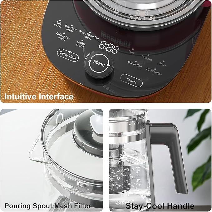 1200w Electric Kettle, 1.5L Borosilicate Glass tea kettle, Hot water kettle electric for Coffee or Tea, BPA Free, Auto Shut-Off, Stainless Steel, Fast Boil, Black