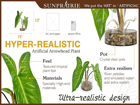 SUNPRAIRIE Realistic Faux Plant in Clear Pot with Artificial Water, Narrow Arrowhead Leaves. Artificial Plants Indoor and Outdoor