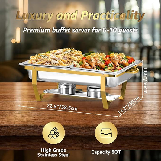 8QT Chafing Dishes for Buffet 4 Pack Golden Food Warmer with Half Size Food Pans, Chafing Dish Buffet Set with Stackable Design Less Storage Space for Party, Wedding