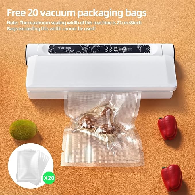 Food Vacuum Sealer Machine, 75KPA Compact Vacuum Sealer for Food, LED Indicator Light, Dry/Wet Modes, with 20 Vacuum Bags