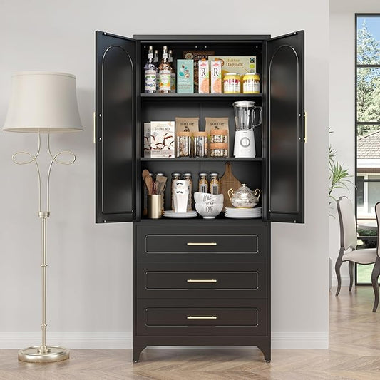 Metal Kitchen Pantry Storage Cabinet with 3 Drawers,75 Inch Black Food Pantry Cabinets for Kitchen Storage with 2 Adjustable Shelves,Tall Storage Cupboard for Living Room,Dining Room Office
