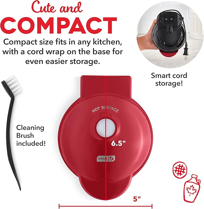 Dash Deluxe Mini Waffle Maker- Compact, Easy-to-Clean Breakfast Appliance - Convenient Cord Wrap - Cleaning Brush Included - 4-Inch - Apple Red