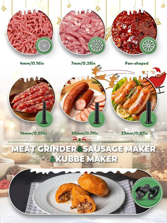 Flyseago Meat Grinder Electric 3200W Meat Mincer Chopper Machine Multifunctional with Cutting Blade 3 Grinding Plates 3 Sausage Stuffers Kubbe Kit Juicer Cheese Grater Veggie Shredder