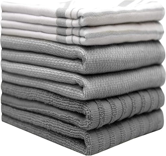 Premium Kitchen Towels (20”x 28”, 6 Pack) | Large Cotton Dish Towels | Flat & Terry Highly Absorbent Kitchen Linen Set with Hanging Loop | Grey Striped