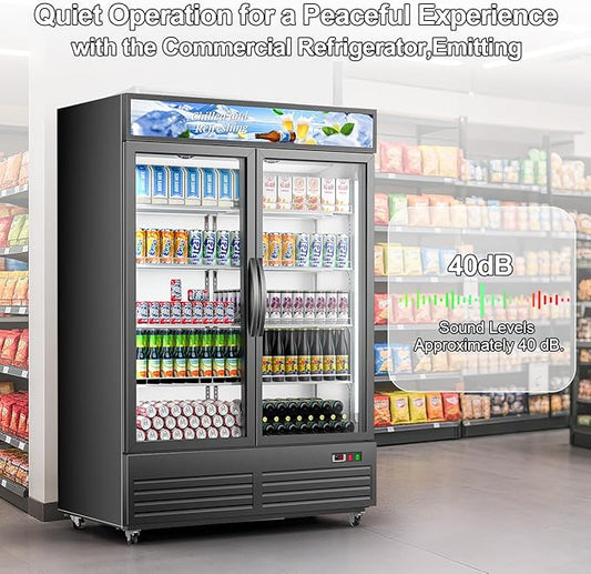 Tylza Commercial Refrigerator, Double Glass Door Display Beverage Fridge, 41.3 Cu Ft Upright Beverage Cooler Merchandiser with Replaceable Advertising Light Board, Rebound Door, Fast Cooling, Black