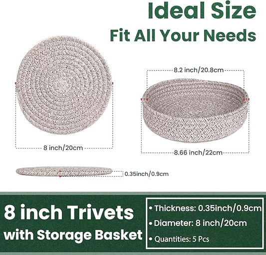 8 Inch Trivets for Hot Dishes, Hot Pots and Pans, Thick Heat Resistant Large Coaster for Kitchen, Hot Pads, Kitchen Essentials, Kitchen Decor for Table & Countertop with Storage Basket, 5 Pcs