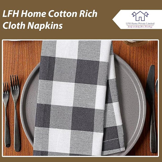 LFH Home 100% Cotton Cloth Reusable Dinner Napkins Set of 12 Washable Soft Decorative Buffalo Plaid Gingham and Checkered Table Napkins for Holidays Wedding Farmhouse Decor 18x18 Inch-Charcoal & White