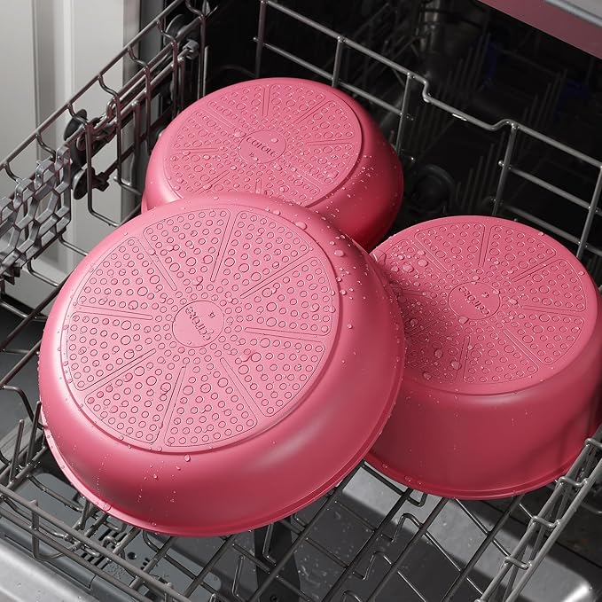 CAROTE Ceramic Sauce Pan Sets with Stand-Up Lid 2QT& 3QT & 4QT, 11 Piece NonStick Kitchen Cookware Sets with Detachable Handle, Non Toxic Cooking Pot, Oven Safe, Induction Ready, Pink