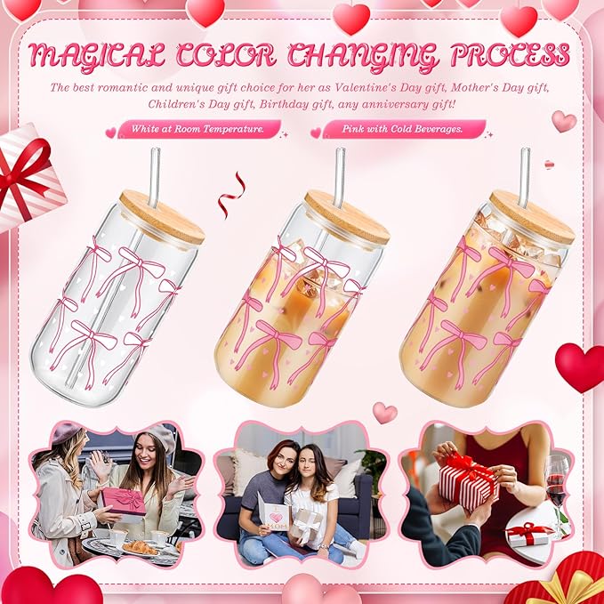 Skylety 4 Pcs Color Changing Glass Cups, 16 oz Cute Coquette Pink Bow Iced Coffee Tumblers with Lids and Straws Reusable Drinking Glasses Jars Cute Gifts for Girls