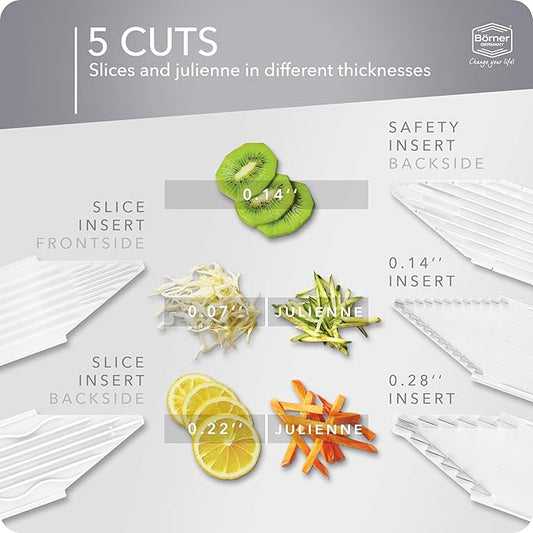 Börner Mandoline Slicer V1 (Professional Set) • V-Slicer with 4 Inserts, Fruit Holder, Docking Station, Box • Adjustable Vegetable Slicer • Cuts into Slices, Strips & Dices • Color: White