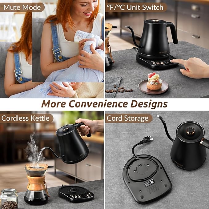 RONGBEST Electric Gooseneck Kettle, 1200W, 6 Temperature Settings, Stainless Steel Inner Lid & Bottom, 1L Quick Heating Pour Over Kettle for Coffee & Tea, Matte Black