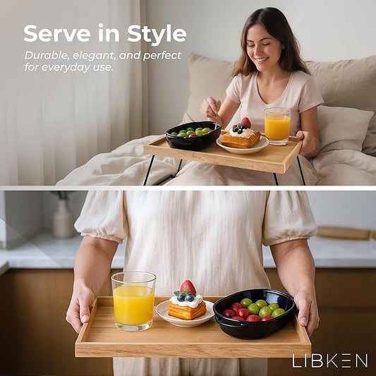 Rubberwood Serving Tray with Foldable Legs – Minimal Scandinavian Design Bed Tray Table – Elegant Wooden Breakfast in Bed Tray, Food Serving Tray for Eating, Snacks, Reading & Laptop Use