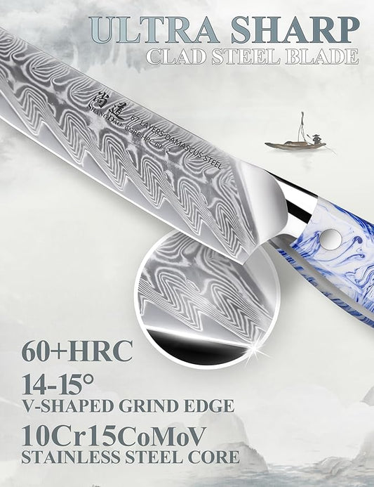 SHANGDAO 5 Inch Kitchen Utility Knife Razor Sharp Fruit and Vegetable Peeling Knives, Forged Damascus Steel with Blue and White Resin Handle - Full Tang - HUA Series