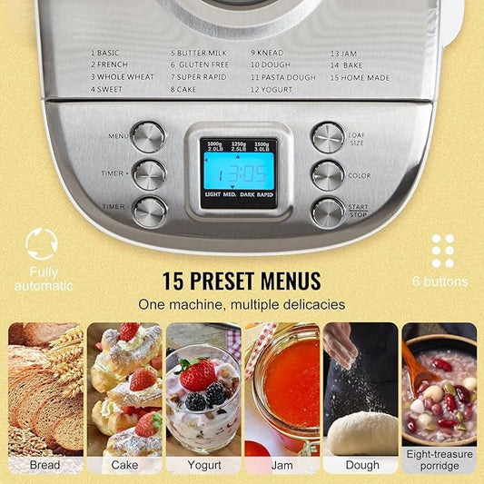 Bread Maker, 15-in-1 3LB Dough Machine, Nonstick Ceramic Pan Automatic Breadmaker with Gluten Free Setting, Whole Wheat Bread Making, Digital, Programmable, 3 Loaf Sizes, 3 Crust Colors, White