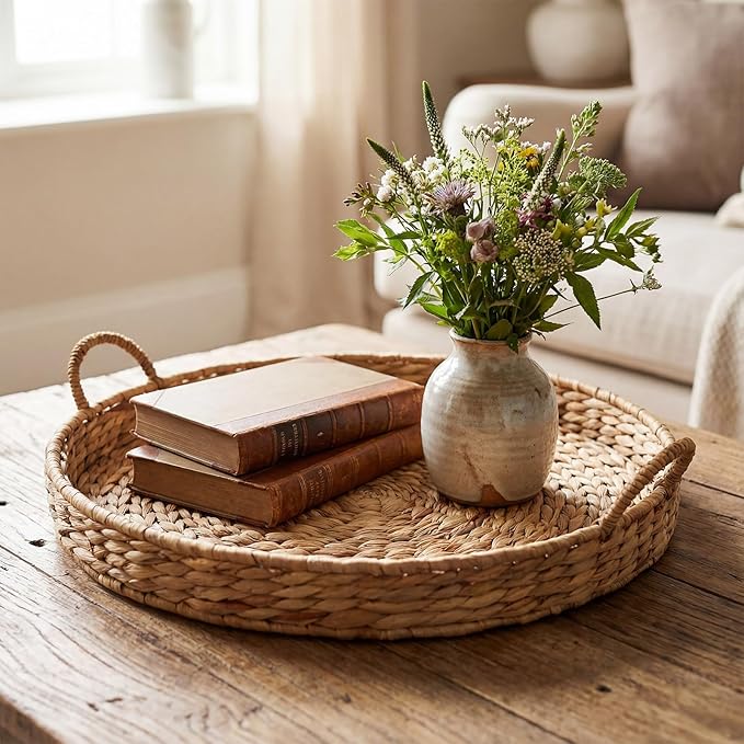 Round Woven Hyacinth Serving Tray with Handles Rattan Decorative Storage Basket for Fruit Arts Crafts Breakfast Coffee Table Dining, 1.97 x 21.65 Inches