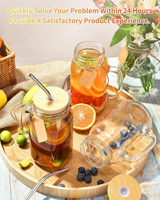 TANGLONG Mason Jar with Lid and Straw 24 oz Mason Jar Cups Set of 8 Glass Cups with Lids and Straws Mason Jars with Handle Drinking Glasses