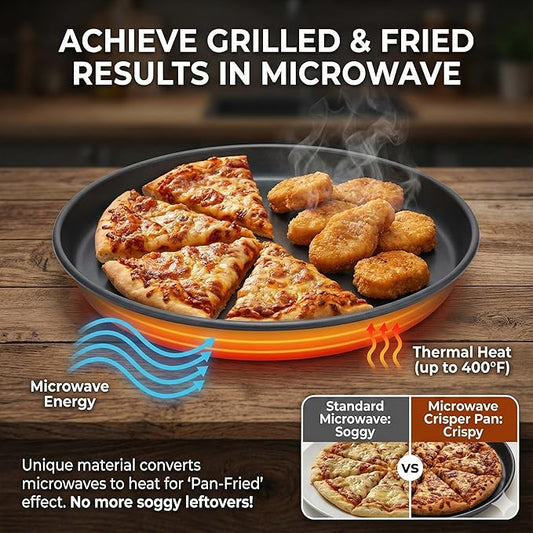 MACONEE 12inch Universal Microwave Crisper Pan/Microwave Cookware Crispy Plate Fry Pan, Microwave Cooker for Reheat Frozen Pizza, Chicken Nuggets French Toast with Crisp Effect!