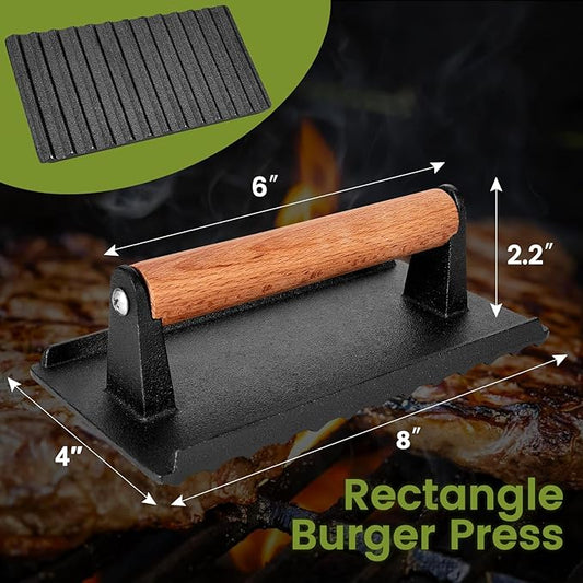 Whaleme Burger Press, 8”X4”Rectangle Heavy-Duty Cast Iron Smash Burger Press Griddle Accessories with Heat Resistant Wood Handle for Blackstone Griddle, Ideal for Panini, Steak & Sandwiches