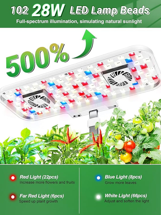 Hydroponics Growing System Kit, 17 Pods Herb Garden with 102 28W Full-Spectrum Grow Lights & 2 Fans, Indoor Garden with Water Pump, 10L Water Tank, Auto Timer, Height Adjustable (White & Grey)