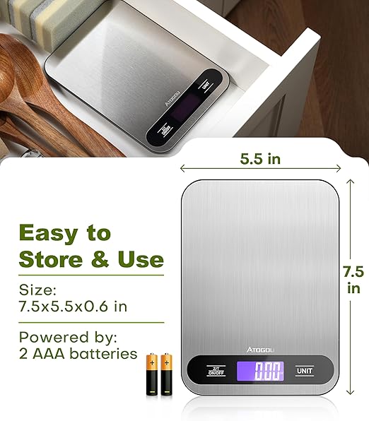Atogou Food Scale, 33lb/ 15kg Digital Kitchen Scale with Full View LCD Display, Durable Stainless Steel Surface, for Cooking, Baking, Meal Prep Black&Grey