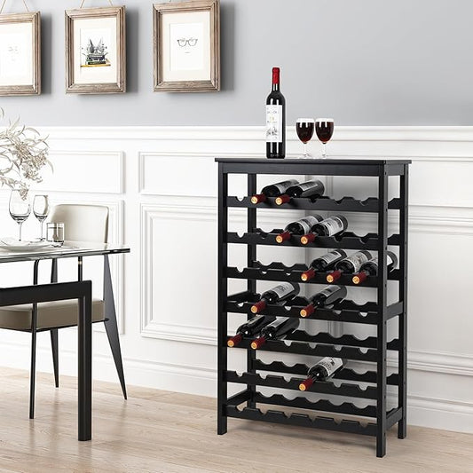 VASMIA 42 Bottles Bamboo Wine Rack,7-Tier Wine Rack Freestanding Floor with Table Top, Wine Storage Shelf for Kitchen Dining Room Bar,Black