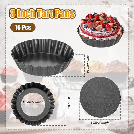 16 Pcs Mini Tart Pans Egg Tart Molds with Removable Bottom Round Nonstick Quiche Pan Mini Pie Pans Small Bakeware Mold Fluted Side for Mousse Cake Dessert Baking (3 Inch, Dark Gray)