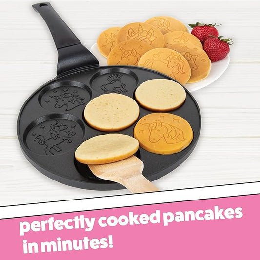 Unicorn Mini Pancake Pan- Make 7 Unique Flapjack Unicorns, Nonstick Pan Cake Maker Griddle for Breakfast Fun & Easy Cleanup, Girls Magical Treat, Dessert or Gift for Kid Party- Easy to Use Long Handle