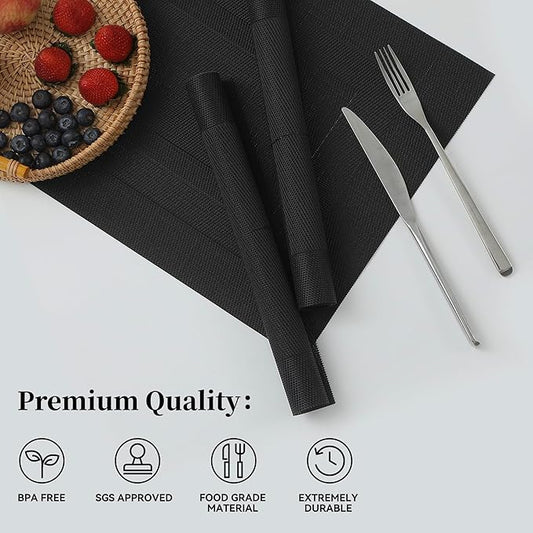 Leetaltree Black Frame Placemats Set of 8 - Heat Resistant Non-Slip Place mats for Dining Table, Washable Durable PVC Vinyl Woven Table Mats(Black Frame, 8)