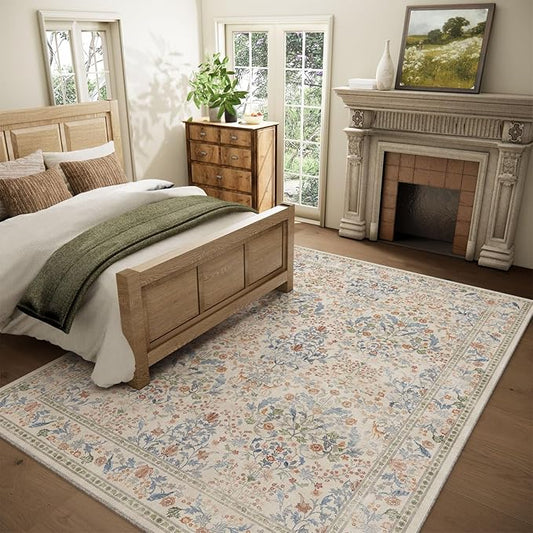 8x10 Area Rugs for Living Room: Washable Bedroom Rug Vintage Area Rug Stain Resistant Non Slip Low Pile Lightweight Soft Carpets Rug for Dining Room Kitchen Nursery Kids Room Farmhouse Indoor